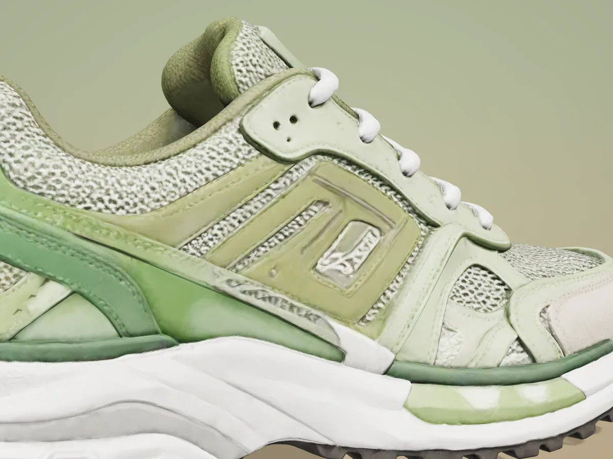 Close detail of the Lot 04 upper — engineered mesh, translucent TPU overlay and suede toe.