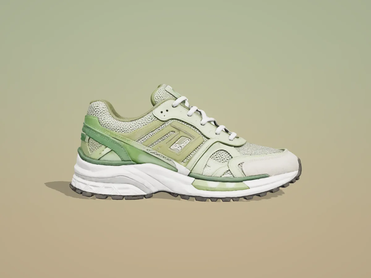 Side profile of the Greyfield Lot 04 showing the translucent midfoot cage over open mesh.